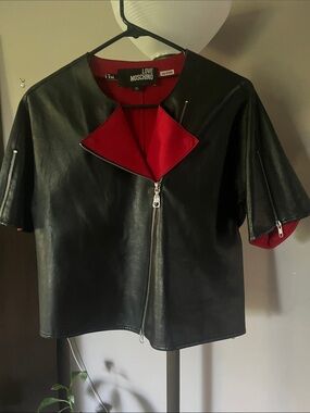 Love Moschino Lamb Leather Short Sleeve Jacket with Red Lining and Zipper Detail